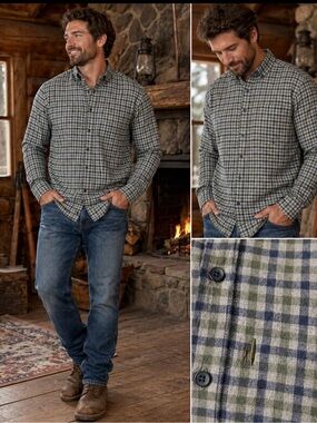 Johnnie-O Dickens Plaid Button Down Medium Blue Green Cotton Size LT Classic